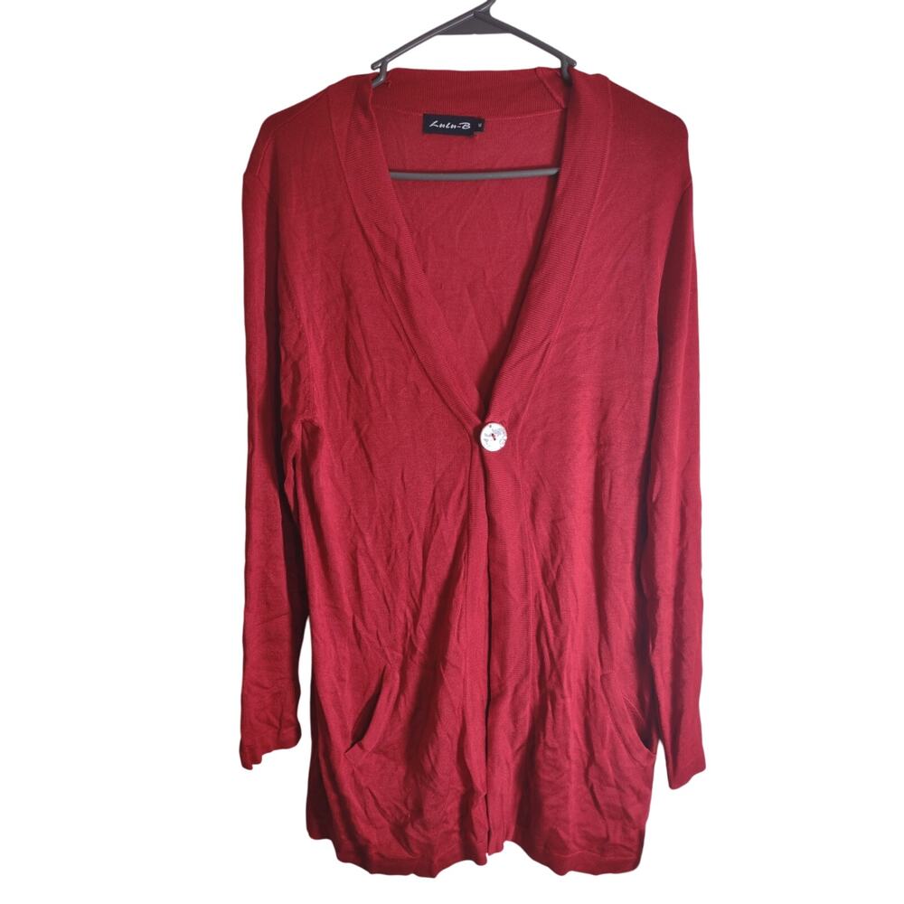 Lulu-B Red‎ One Button Cardigan Sweater Size Medium Classic Lightweight Preppy